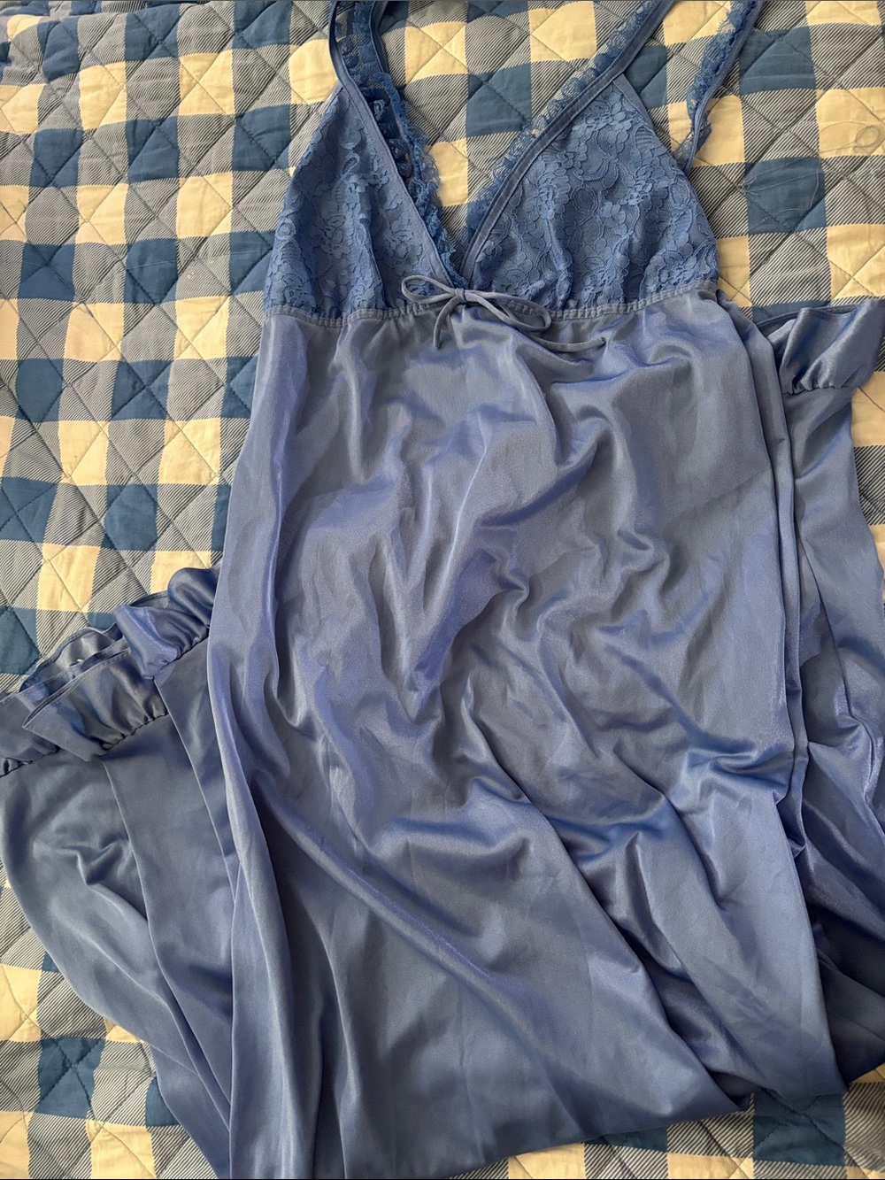 Vintage Blue Lace-Trim Satin Ruffle Long Nightgown